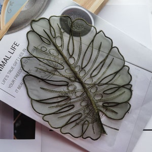 2 peças verde escuro grandes folhas apliques, organza bordado renda folha remendo aplique vestido decoração, artesanato costura