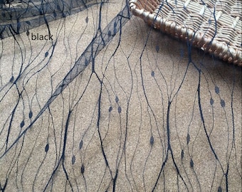 Off white/black Branch Lace Fabric, Embroidered Dot and Lightning Lace Fabric, Veil Lace Fabric, Bridal Lace Fabric, Tulle Lace Fabric