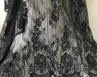 Black Chantilly Fabric, Scalloped Edged Eyelash Lace Fabric, Exquisite Tulle Lace Fabric For Curtain, Bridal Veils, Wedding Gown