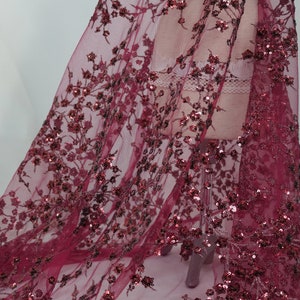 New Arrivals! Wine red/Yellow Sequins Lace Fabric, Leaf Branches Motif Sequins Lace Fabric, Embroidered Sequins Mesh Lace Fabric by the Yard