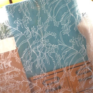 May include: White lace fabric with a delicate floral pattern. The lace is overlayed on a blue background.
