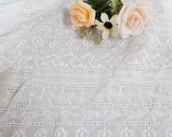 Eyelet Stripe Lace Fabric, Floral Embroidery Fabric, Cotton Lace Fabric for Boho Dress, Bridal Dress, Summer Dress, Blouse, By 1 Yard