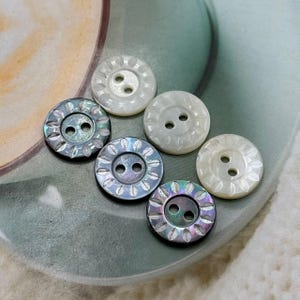 Può includere: Una collezione di sei bottoni rotondi. Tre bottoni sono iridescenti con un motivo floreale sui bordi. Gli altri tre bottoni sono bianchi con un motivo floreale simile. Ogni bottone ha due fori per cucire.