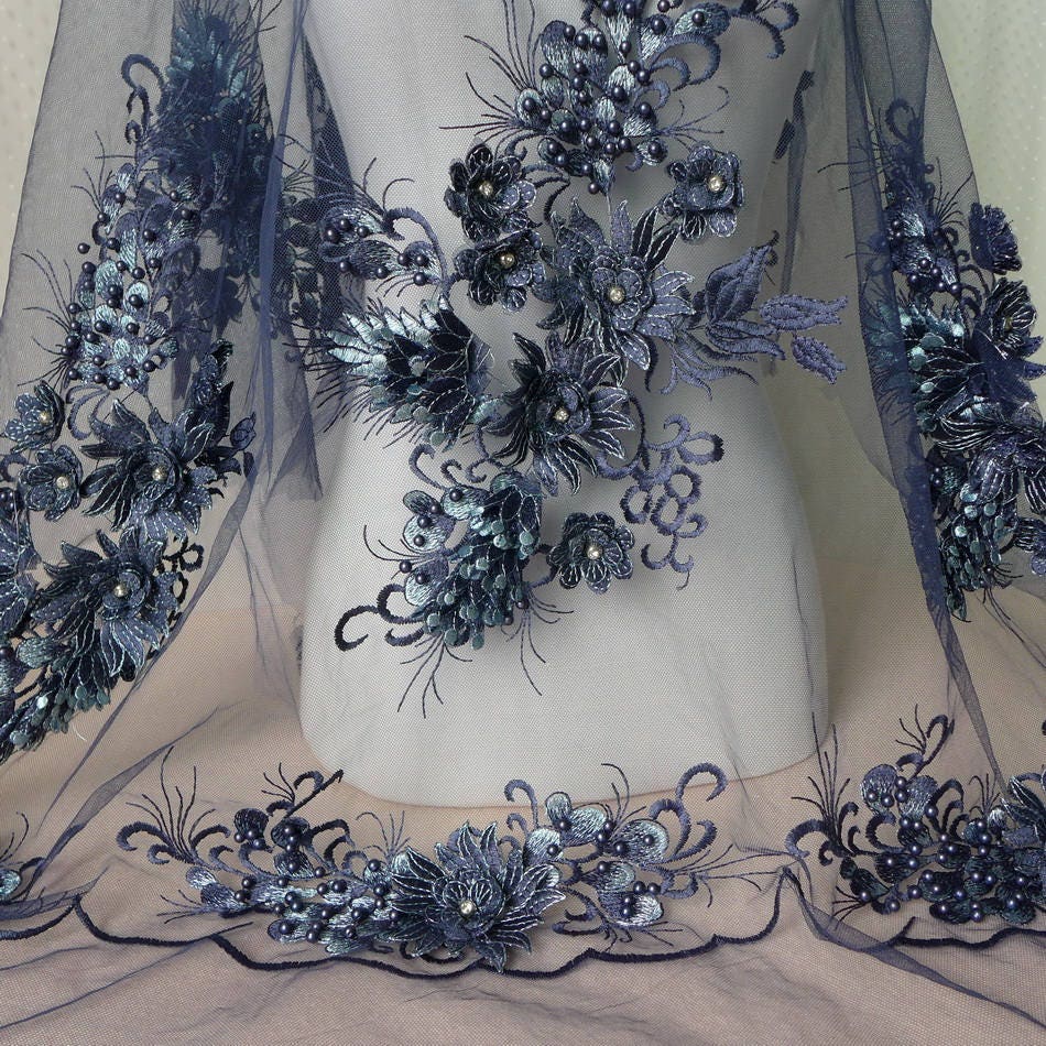49" Wide Navy Blue Beaded Lace Fabric, 3D Floral Embroidered Tulle Mesh ...