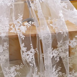 Stunning Embroidery Lace Fabric, Off white Floral Embroidered Tulle Lace Fabric, Mesh Lace Fabric, Wedding Lace Bridal Dress Fabric