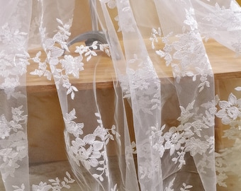 Stunning Embroidery Lace Fabric, Off white Floral Embroidered Tulle Lace Fabric, Mesh Lace Fabric, Wedding Lace Bridal Dress Fabric