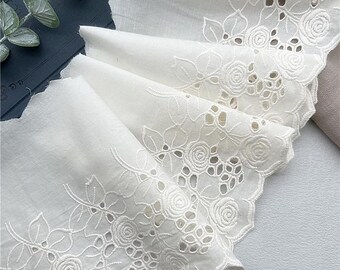 Jolie bordure en coton brodée de fleurs roses de 6,3 po de large, bordure festonnée à oeillets pour robe de mariée, robe de bébé, bonnet, col, robe, rideaux
