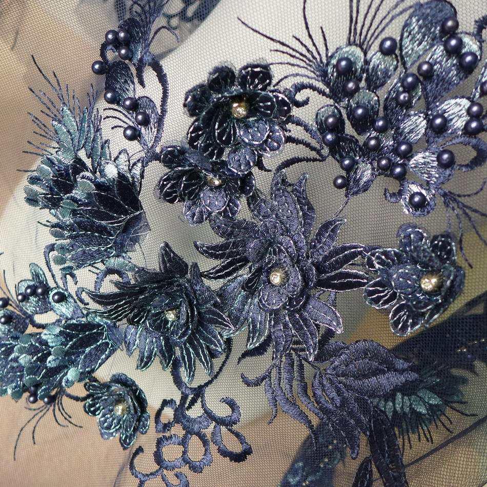49" Wide Navy Blue Beaded Lace Fabric, 3D Floral Embroidered Tulle Mesh ...