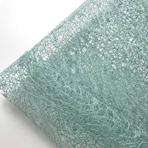 May include: A sheet of light blue, delicate, mesh-like material. The material has a fine, intricate pattern and a slightly shimmery finish.