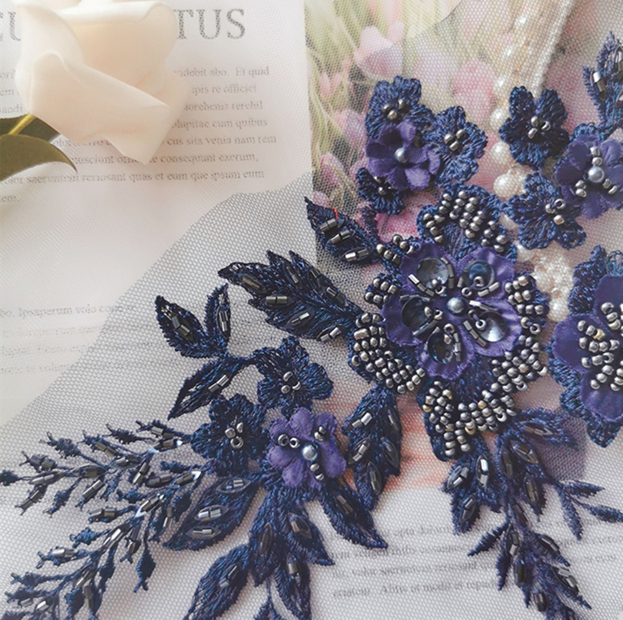 Navy Blue Lace Applique 3d Lace Applique With Beads Beaded Etsy