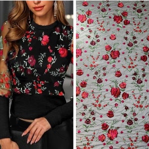 1 Yard Gorgeous Red&Hot Pink Flower Lace Fabric Floral Embroidered Black Mesh Fabric Wedding Prom Dress Bridal Veil Lace Fabric 51&quot; Width