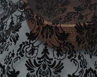 Elegant Black Flocked Floral Tulle Lace Fabric, Flocking Black Mesh Fabric for Veil, Doll Dress, Tutu Dress, Prom Dress, Stretch Fabric
