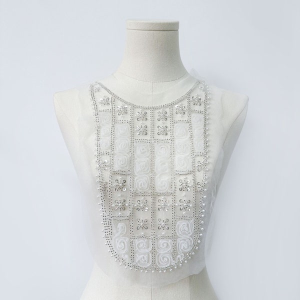 Beautiful Beaded Lace Applique Collar, Beaded Mesh Embroidery Lace Collar for Bridal Dress Gown, Pearls Lace Collar By The Piece