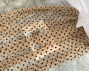 Brown tulle lace fabric with black dots, polka dot lace fabric, tulle mesh fabric with flocked dots, sell by the yard, new arrival