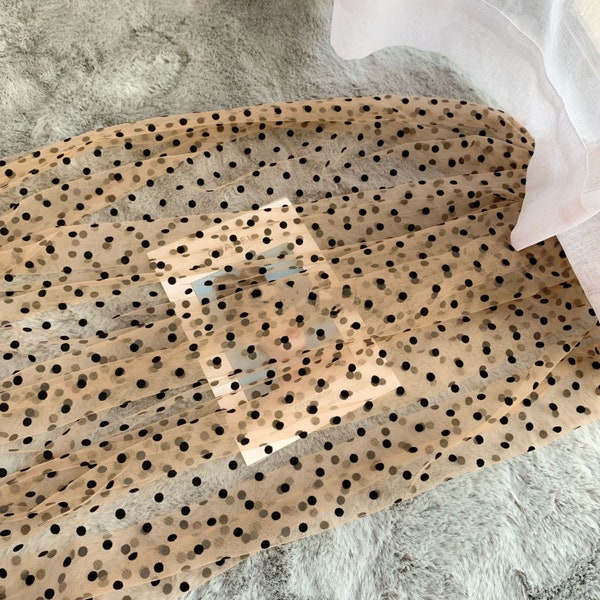 Brown tulle lace fabric with black dots, polka dot lace fabric, tulle mesh fabric with flocked dots, sell by the yard, new arrival