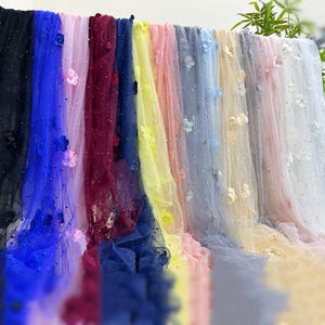 3D Flower Tulle Lace Fabric, Cute Beads Floral Fabric for Wedding Dress, Bridal Veils, Party Dress, Birthday Gown, Garments Sewing Fabrics