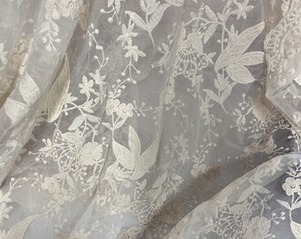 Retro Beige Floral Leaf Cotton Overlay Embroidered Tulle Lace Fabric for Bridal Veils, Party Dress, Flower Girl Dress, Skirt, 1 Yard
