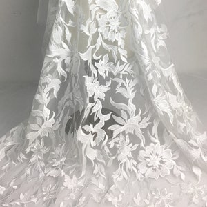 1 Yard Ivory Embroidered Lace Fabric Gorgeous Floral Embroidered Mesh Lace Fabric Bridal Dress Veil Wedding Lace Fabric