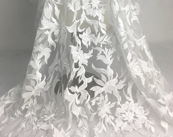 1 Yard Ivory Embroidered Lace Fabric Gorgeous Floral Embroidered Mesh Lace Fabric Bridal Dress Veil Wedding Lace Fabric