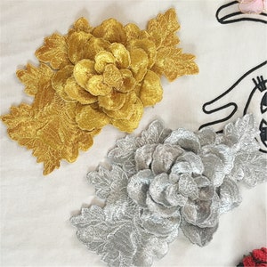 Gold/Silver Lace Patch, Peony Flower Embroidery Patch, 3D Floral Applique Patch Sewing on Wedding Bridal Evening Dress Gown 1 Piece