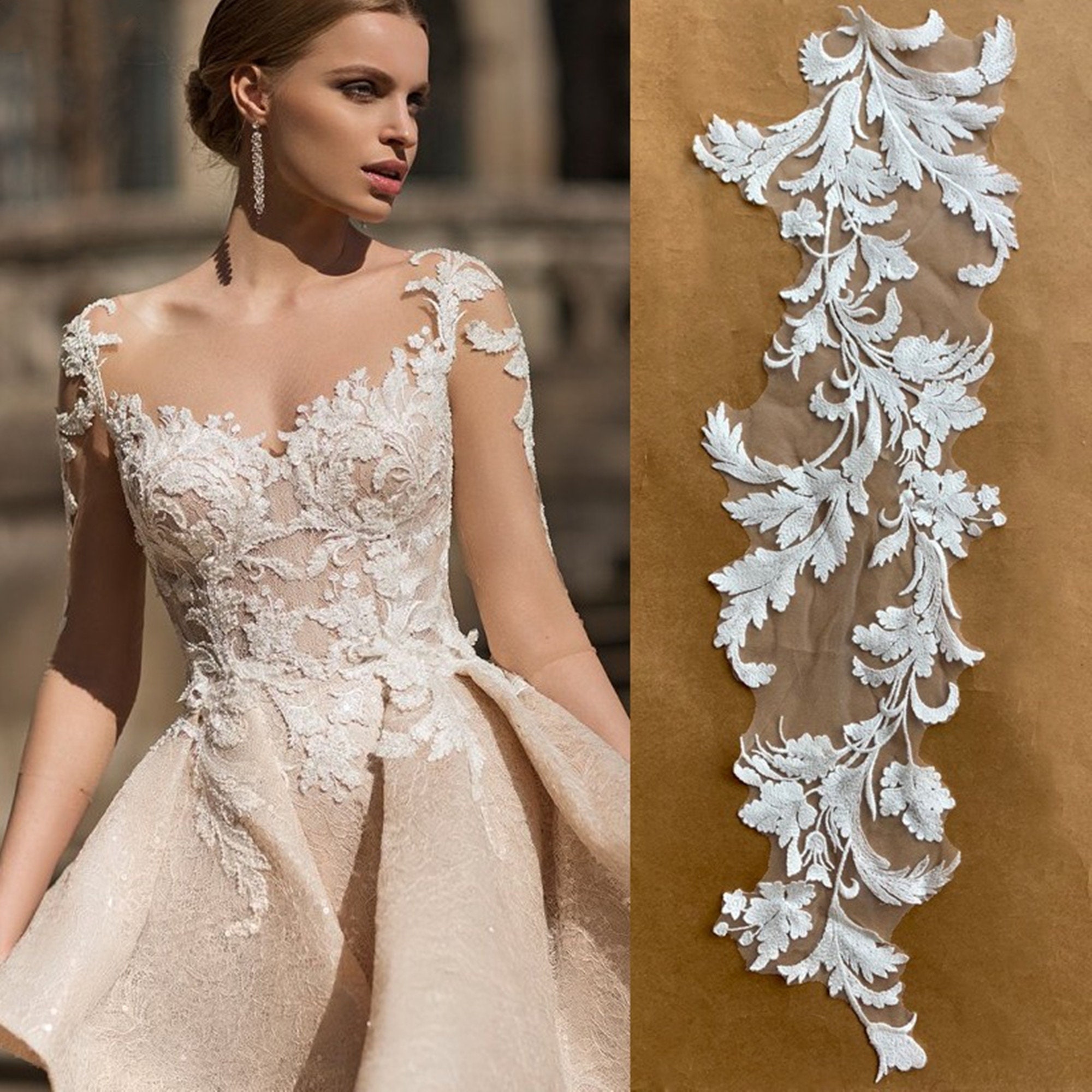 Off White Leaf Embroidery Lace Applique for Bridal Wedding Dress, Bodice  Applique, Evening Gown, Couture Design, DIY Wedding 