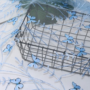 Blue Butterfly Lace Fabric, 3D Butterflies Embroidered Mesh Tulle Lace Fabric for Weddings, Birthday Dress, Bridal Dress, Hot Sale