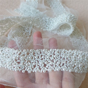 Elfenbein Perle Perlen Spitzenbesatz, Mesh-Spitzenstoff Zierleiste, Strass Perlen Zierleiste, Hochzeit Zierleiste für Kleid, Schärpen Gürtel