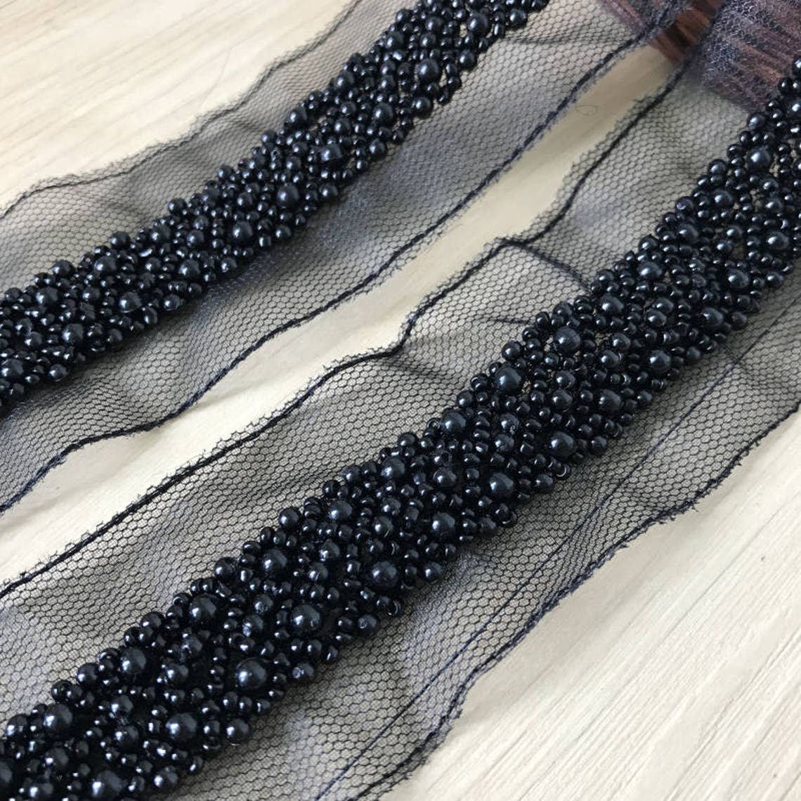 Black Beaded Lace Trim With Mesh Pearl Rhinestone Trim Lace Etsy