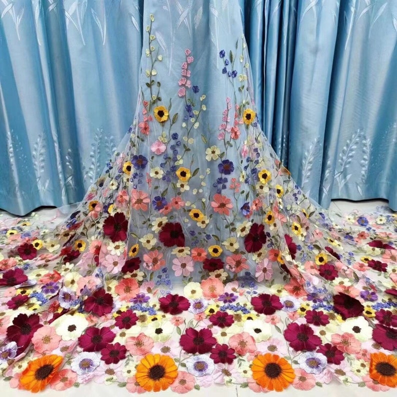 Colorful Embroidered Tulle Lace Fabric with 3D Flowers Vivid #1 off white mesh