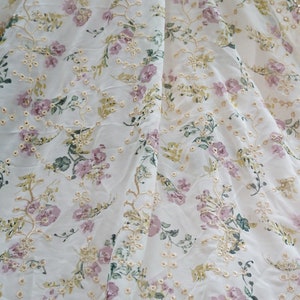 Purple Floral Print Chiffon Fabric, Vintage Eyelet Flowers Embroidery Lace Fabric for Blouse, Girl Dress, Scarfs, Prom Gown, Lingerie