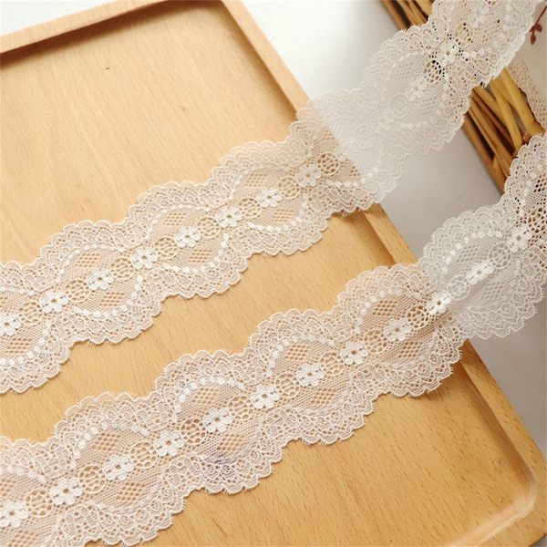 Garniture en dentelle élastique rétro blanc cassé de 2 Yards, garniture en dentelle extensible brodée florale pour bandeau, décoration intérieure, vêtement