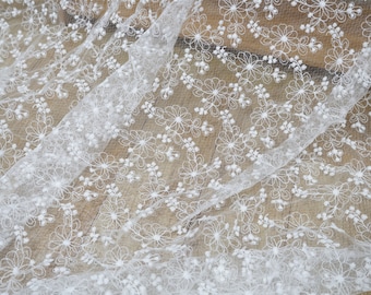 1 Yard Floral Embroidery Organza Gauze Lace Fabric in Off white for Doll Dress, Headband, Wedding Supplies, Dressmaking
