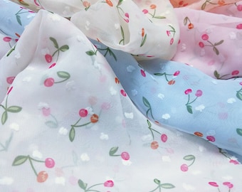Tessuto di ciliegio, morbido tessuto di chiffon stampato tessuto di pizzo ricamato a pois di ciliegio per fascia per capelli da ragazza camicetta abito estivo sfondo per matrimonio