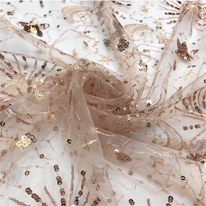 Beautiful Sequins Star Moon Embroidery Tulle Lace Fabric for DIY Wedding Dress Party Dress Doll Clothes Girl Skirt By Yard