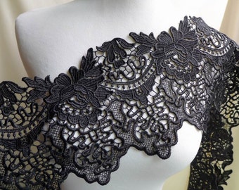 Wide Black Venise Lace Embroidered Guipure Lace Cutwork Lace Trim 6.1" width one yard