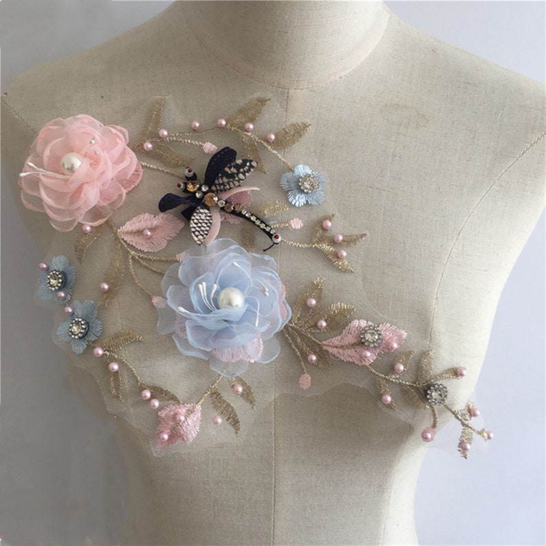 Large Pearls Beaded Lace Applique 3d Floral Lace Applique Etsy