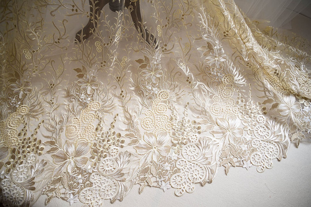 slim fit dress slacks Gold Bridal Lace Fabric main image 1