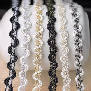 Pretty lace ribbon, corded lace trim, shinny trim, silver gold thread embroidery lace trim, gown belt trim, sash lace, headbands lace sewing