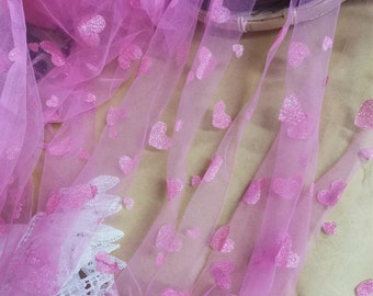 Glitter heart tulle fabric, deep pink love heart tulle lace fabric, soft tulle mesh fabric for tutu skirt, party decor, wedding backdrop