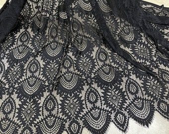 Black Chantilly Lace Fabric, Soft French Eyelash Lace Fabric for Wedding Gown, Bridal Robe, Prom Dress, Christening Dress, BY 1 Yard