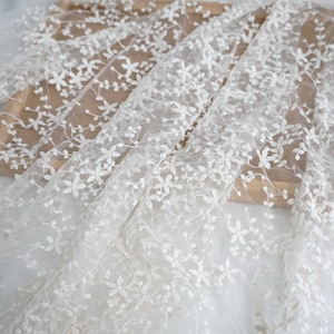 Adorable Floral Tulle Fabric, Beige Lace Fabric, Flowers Embroidered Lace, Cotton Floral Lace Fabric, width 53.1 inches by the yard