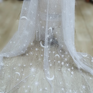 Shiny Moon Star Lace Fabric Off white Tulle Mesh Glitter Fabric For Baby Tutu Dress, Gowns, Wedding Veil, Home Decoration By 1 Yard