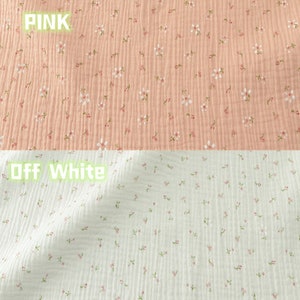 May include: Two sections of floral fabric are shown. The top section is pink with small white and pink flowers. The text "PINK" is above the pink fabric. The bottom section is off-white with similar floral pattern. The text "OFF WHITE" is above the off-white fabric.
