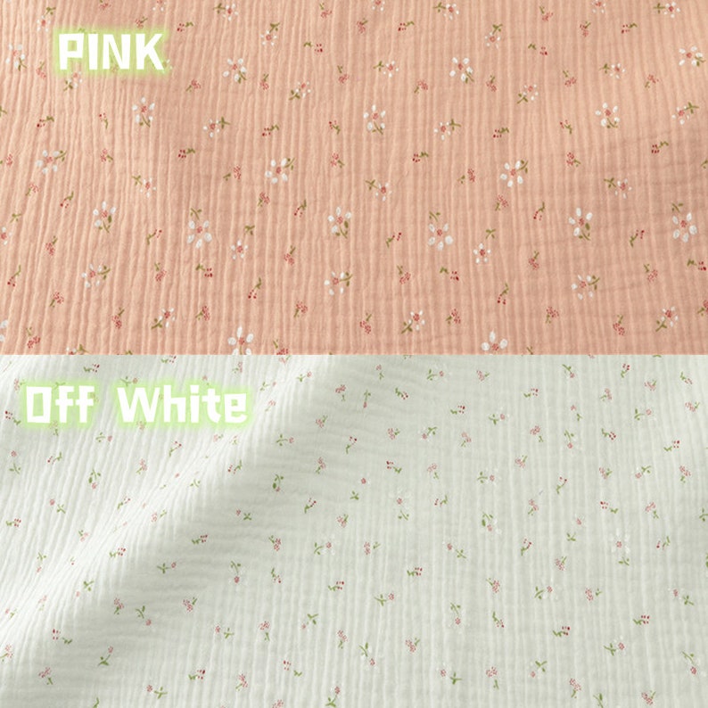 May include: Two sections of floral fabric are shown. The top section is pink with small white and pink flowers. The text "PINK" is above the pink fabric. The bottom section is off-white with similar floral pattern. The text "OFF WHITE" is above the off-white fabric.