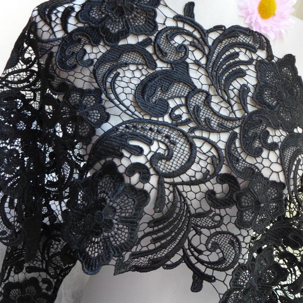Wide black lace trim elegant guipure black lace fabric trim for dresses, DIY wedding gown, garments