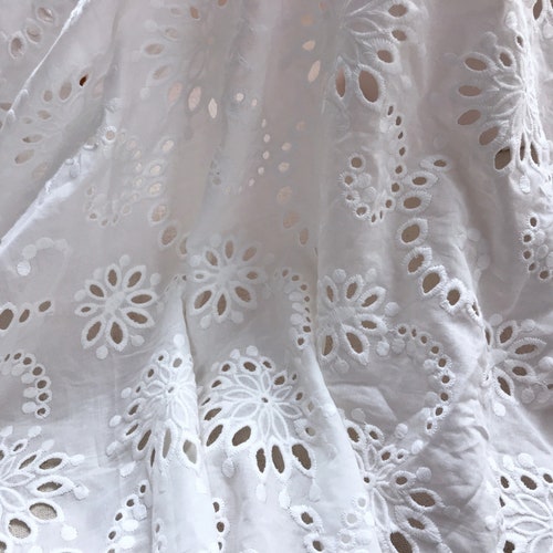 White Cotton Fabric With Embroidered Flower Eyelet Embroidery - Etsy