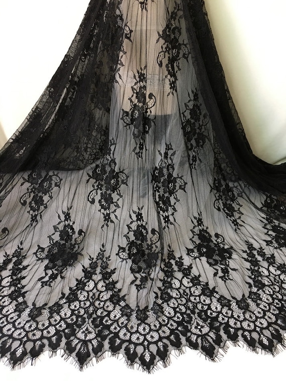 Elegant Chantilly Lace French Scalloped Black Lace Fabric for