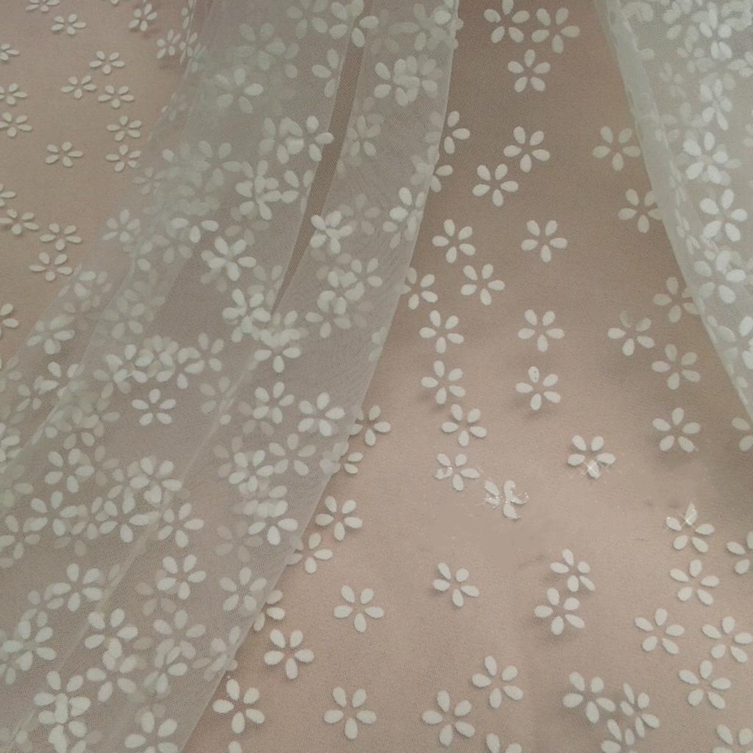 Beige Flocking Soft Tulle Fabric, Beige Flowers Flocking Lace Fabric, Flocked Flowers ...