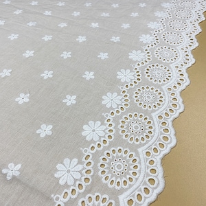 Off white cotton lace fabric, cotton fabric with eyelet scalloped edge, embroidered floral overlay cotton lace fabric 53.1&quot; Wide by the yard
