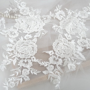 Rose Floral Embroidery Lace Applique Ivory Beaded Lace Applique Pair for Lyrical, Ballet, Bridal, Headbands, Sashes, Costume Design